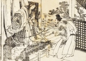 Una mujer en un santuario sintoísta tiene un palo con muchas hojas de papel de Katsushika Hokusai